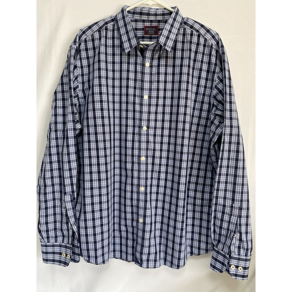 Untuckit Cordier Blue Plaid Mens Long Sleeve Button Up Shirt XXL Reg 100% Cotton